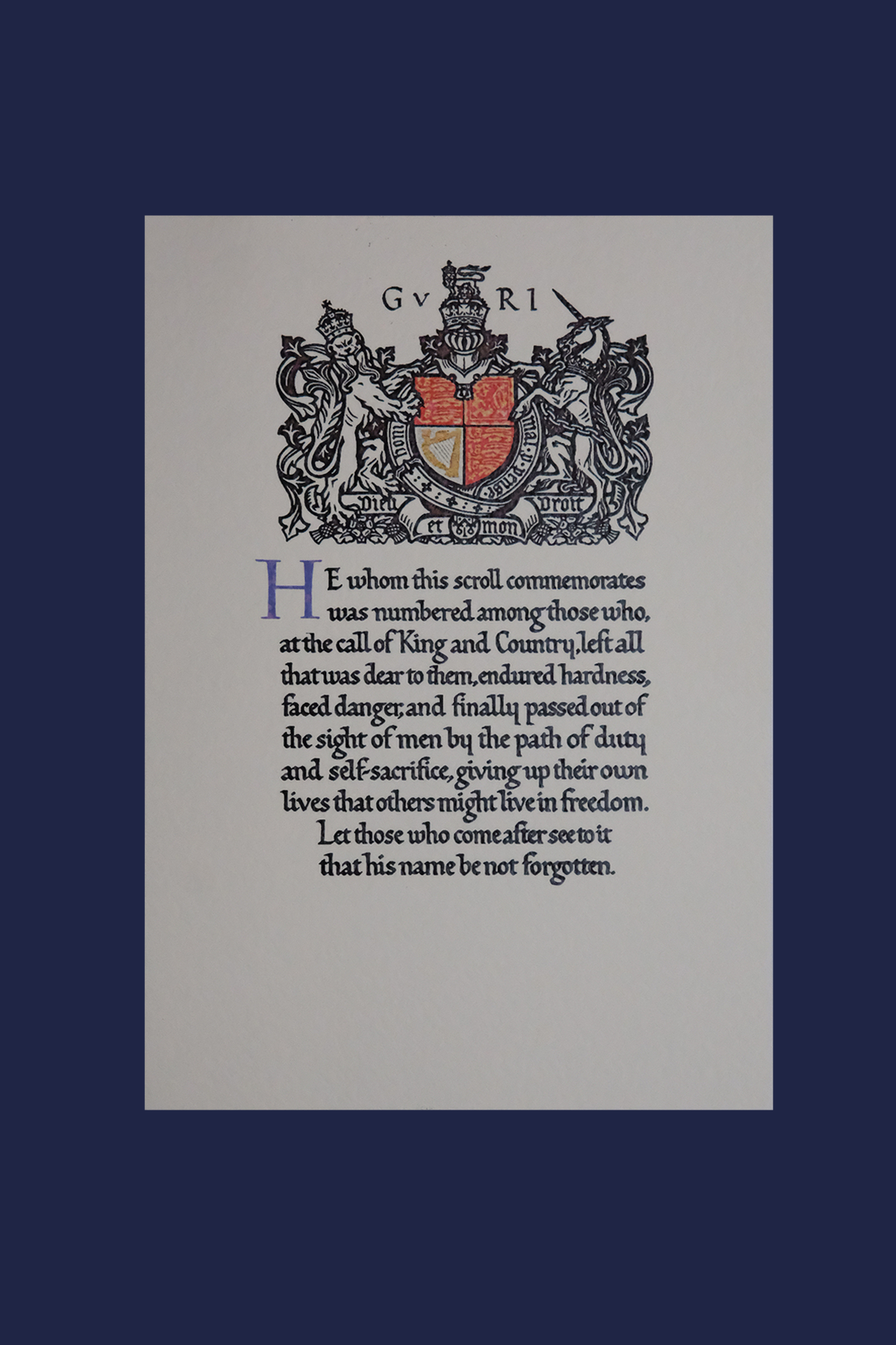 Worcestershire Medal Service: Memorial Scroll WWI